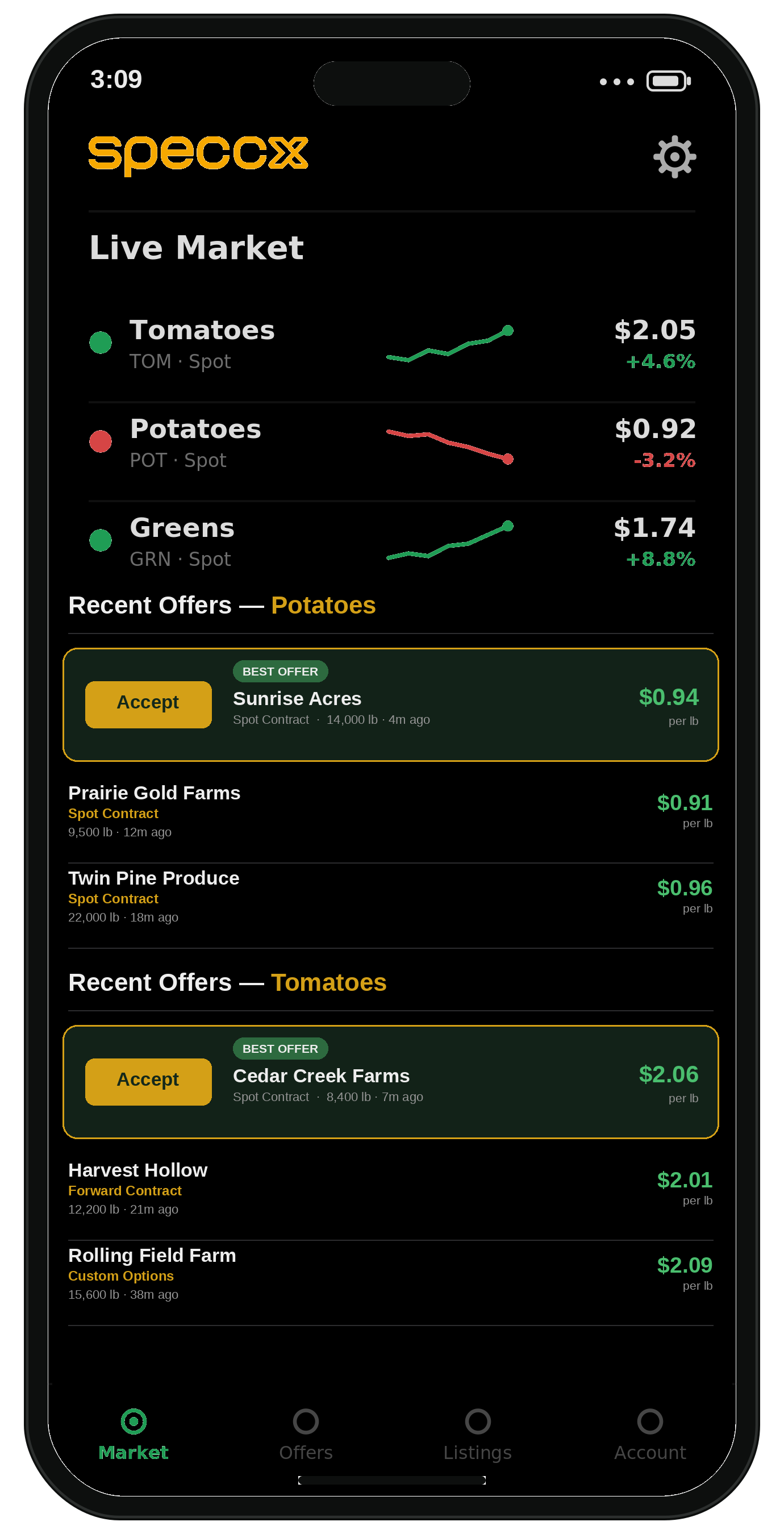 The SPECCX app showing the live market, recent bids, and a seller listing